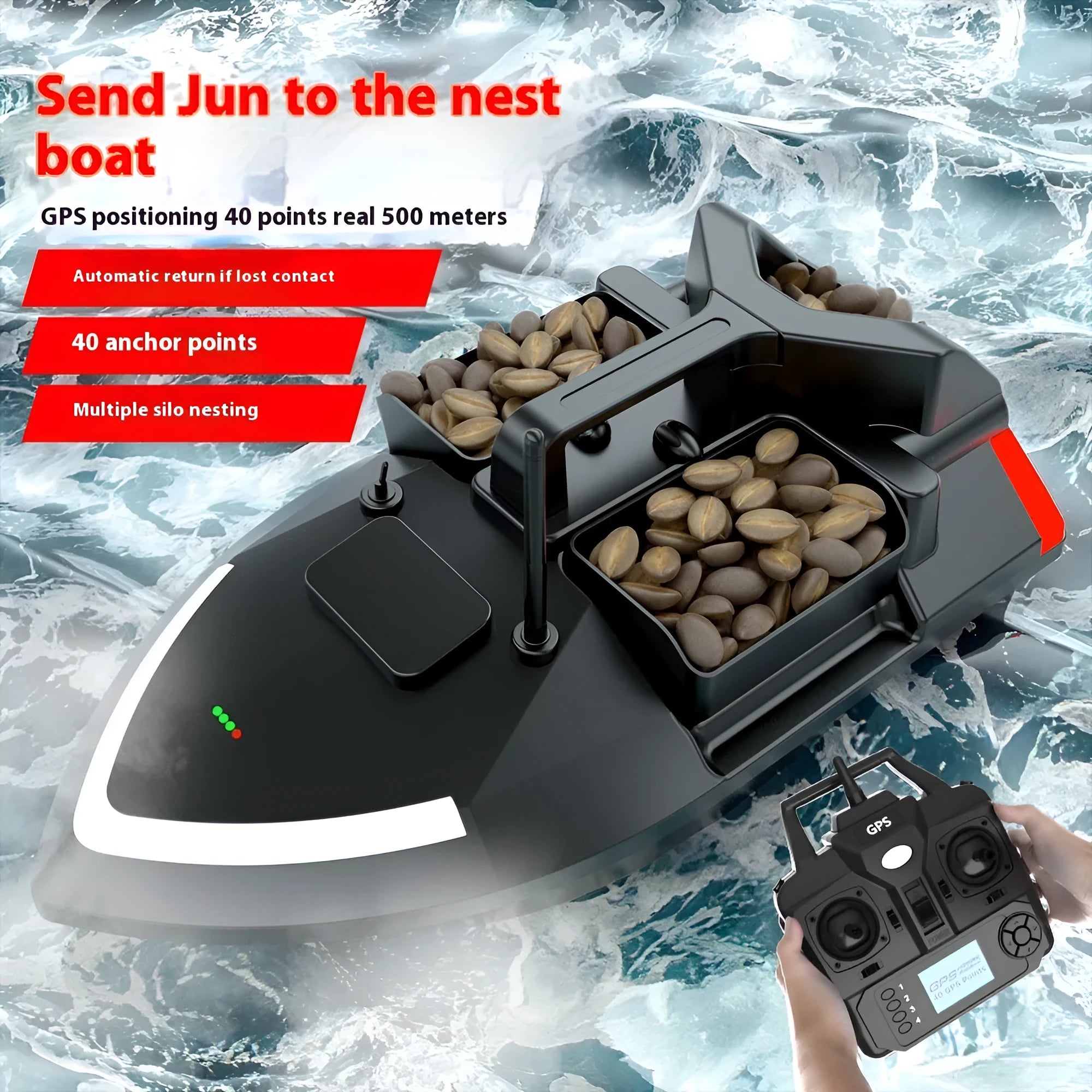 V020 GPS remote control fishing boat in black with remote control unit