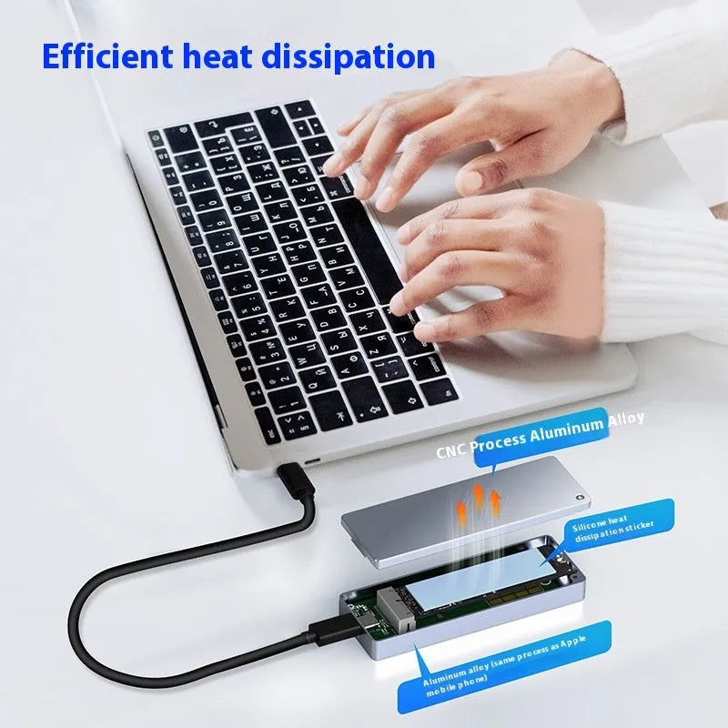 M.2 SATA solid state drive external enclosure with Type-C cable, screwdriver, screws, and silicone pad kit