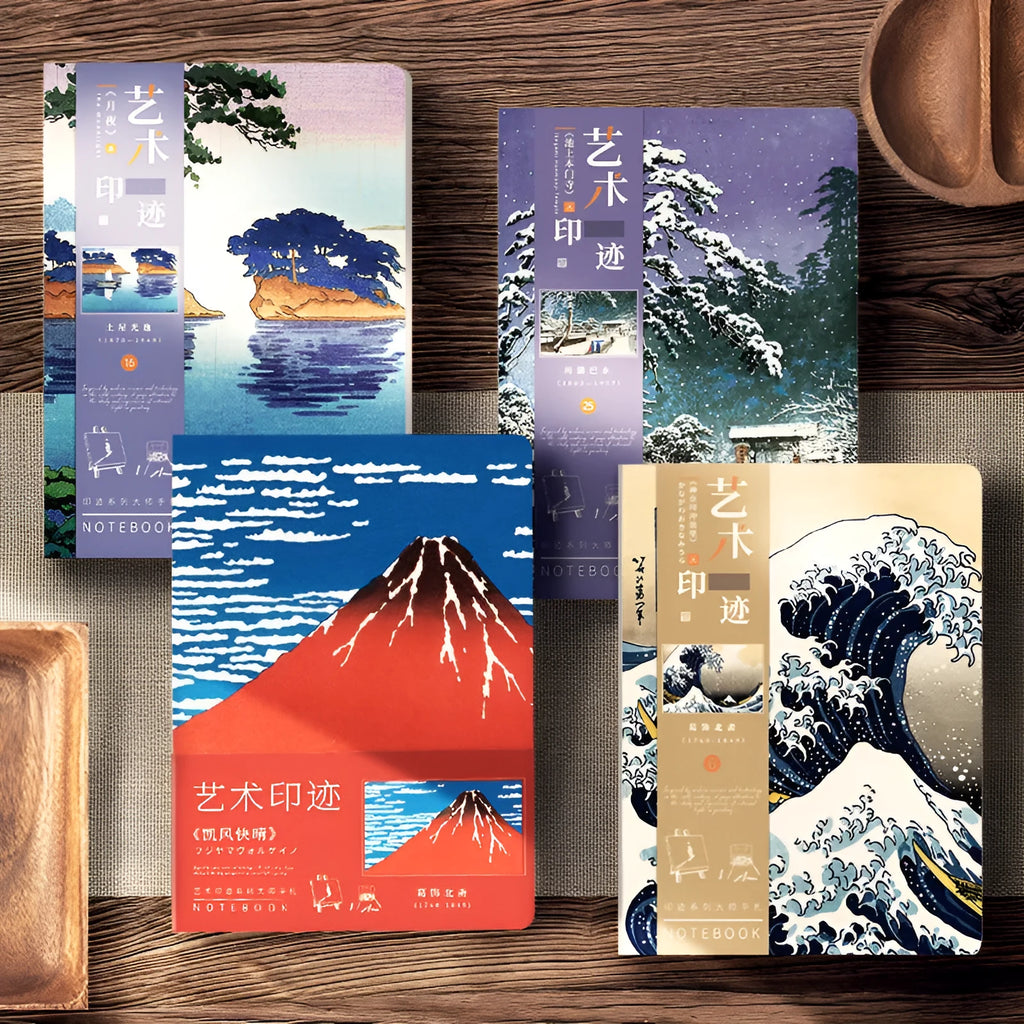 Ukiyo-e series hand ledger notebook showing Japanese art cover and open writing pages