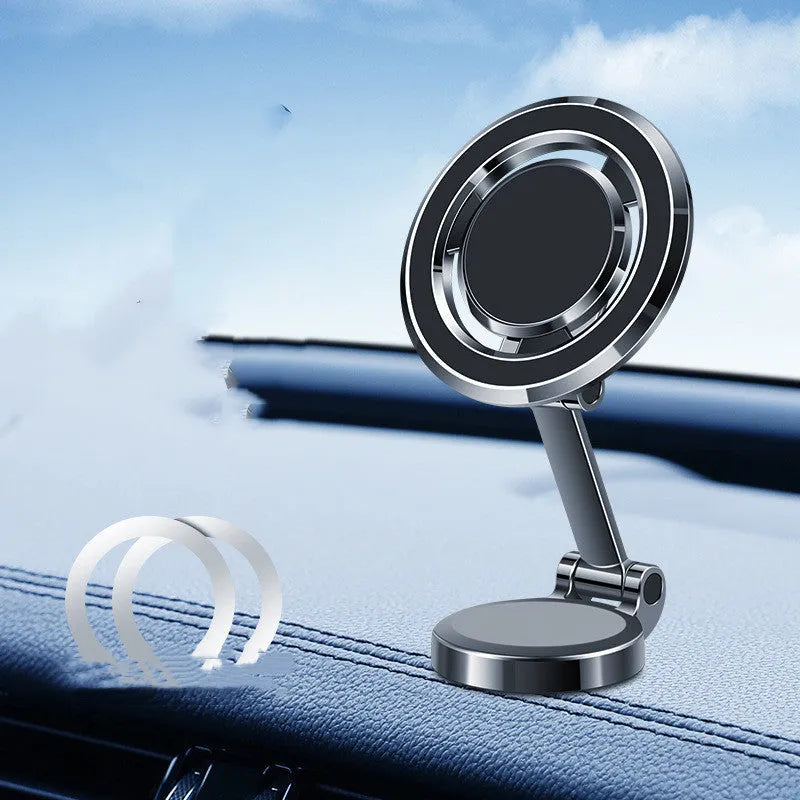 Car mobile phone holder with magnetic clip mount and 360-degree rotating bracket on dashboard