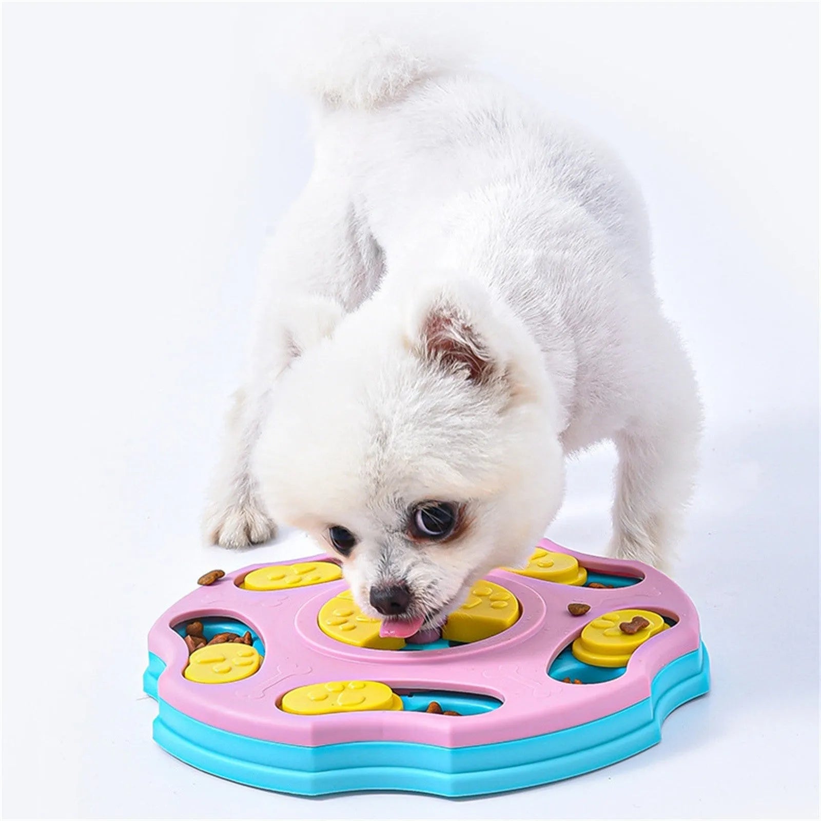 Blue dog puzzle toy feeder with compartments for interactive food search games.