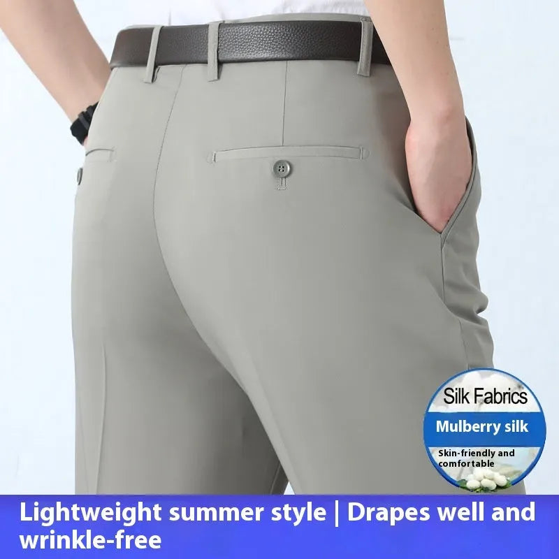 Men's mulberry silk business trousers in straight leg cut with high waist design