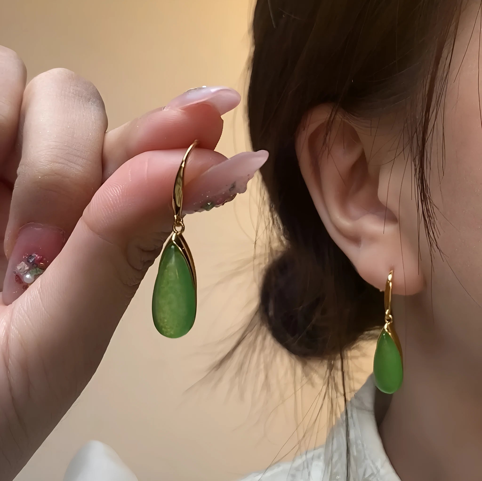 Retro Chinese style geometric earrings with water droplet design in CP798 jade colour