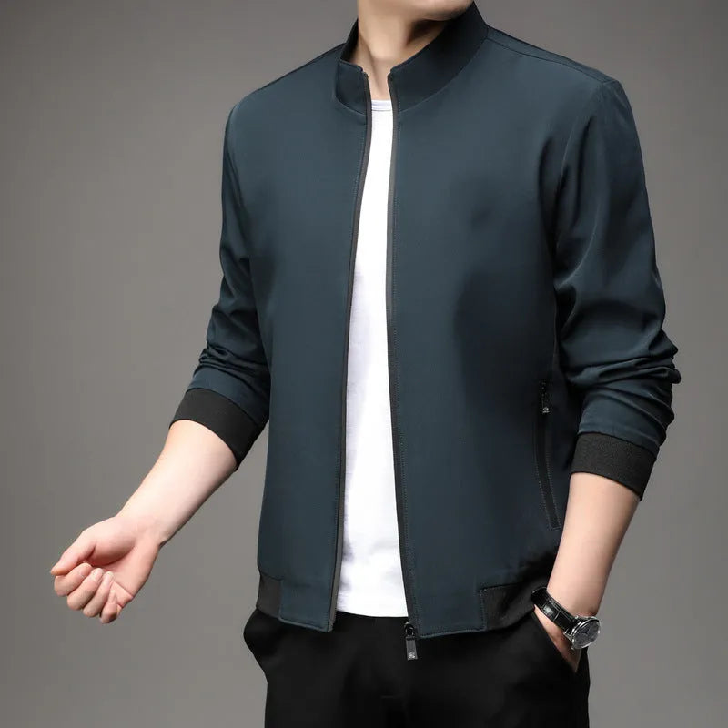 Korean-style men's loose lapel autumn jacket in a casual blue colour with zippered pockets.