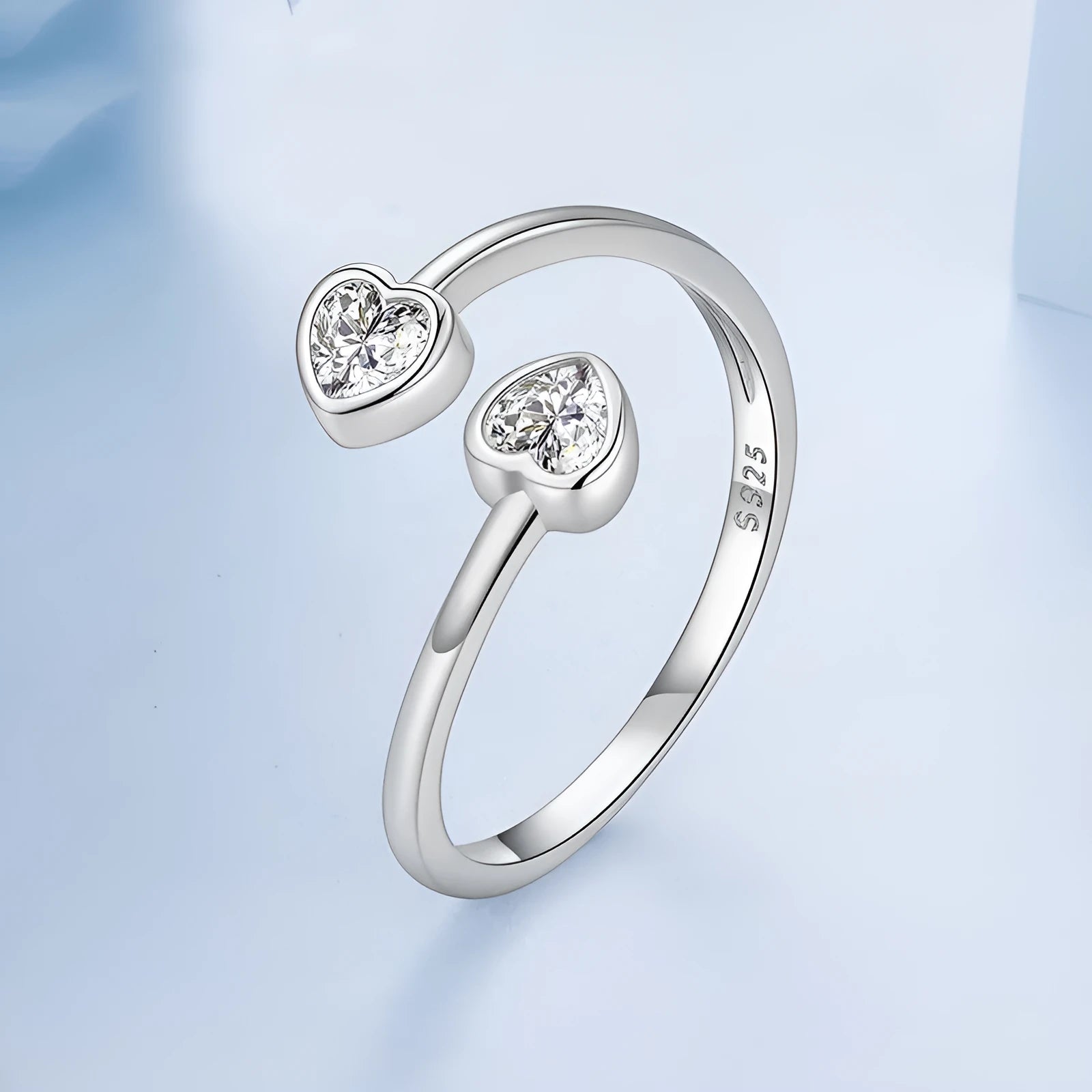 S925 sterling silver double heart-shaped open ring for women Valentine gift on plain background