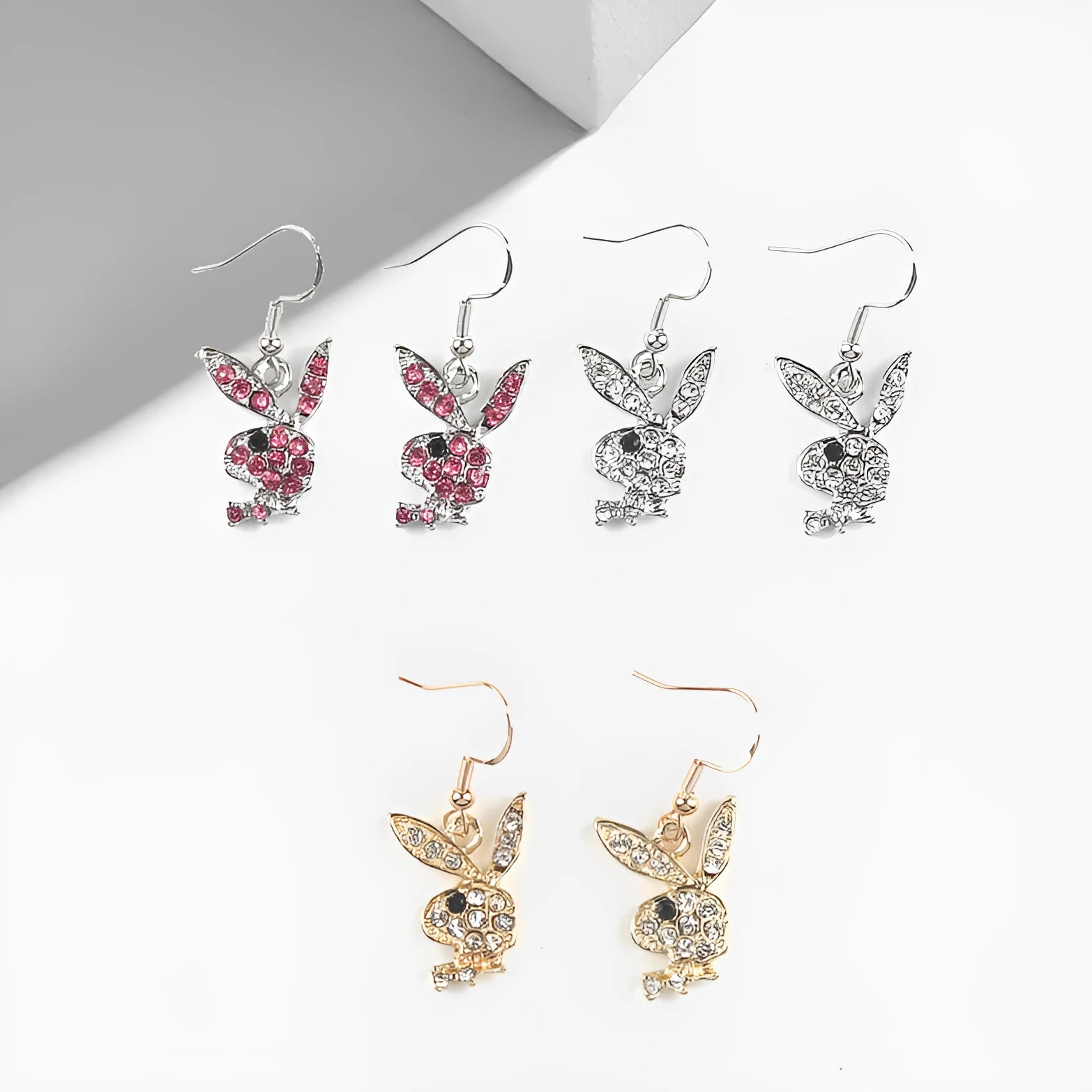 Full diamond pavé rabbit stud earrings in gold, pink, or silver colours
