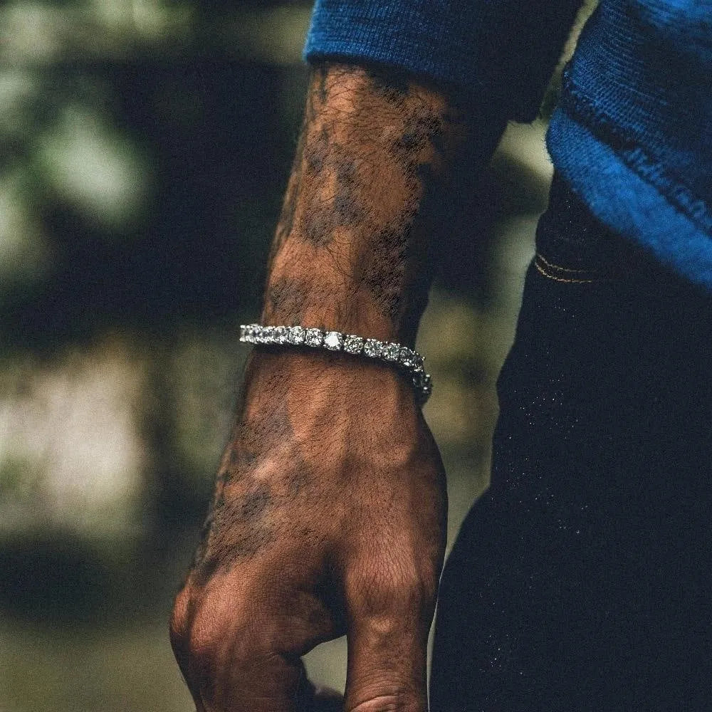 Men's silver hip hop bracelet with rhinestone chain and zirconia tennis charm on geometric alloy band