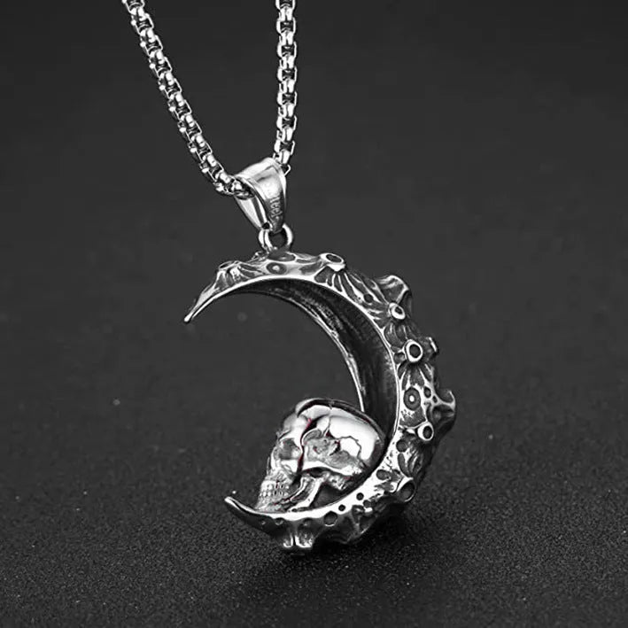 Men's stainless steel necklace with electroplated silver finish showing multiple pendant design options including skull, dagger and screw motifs