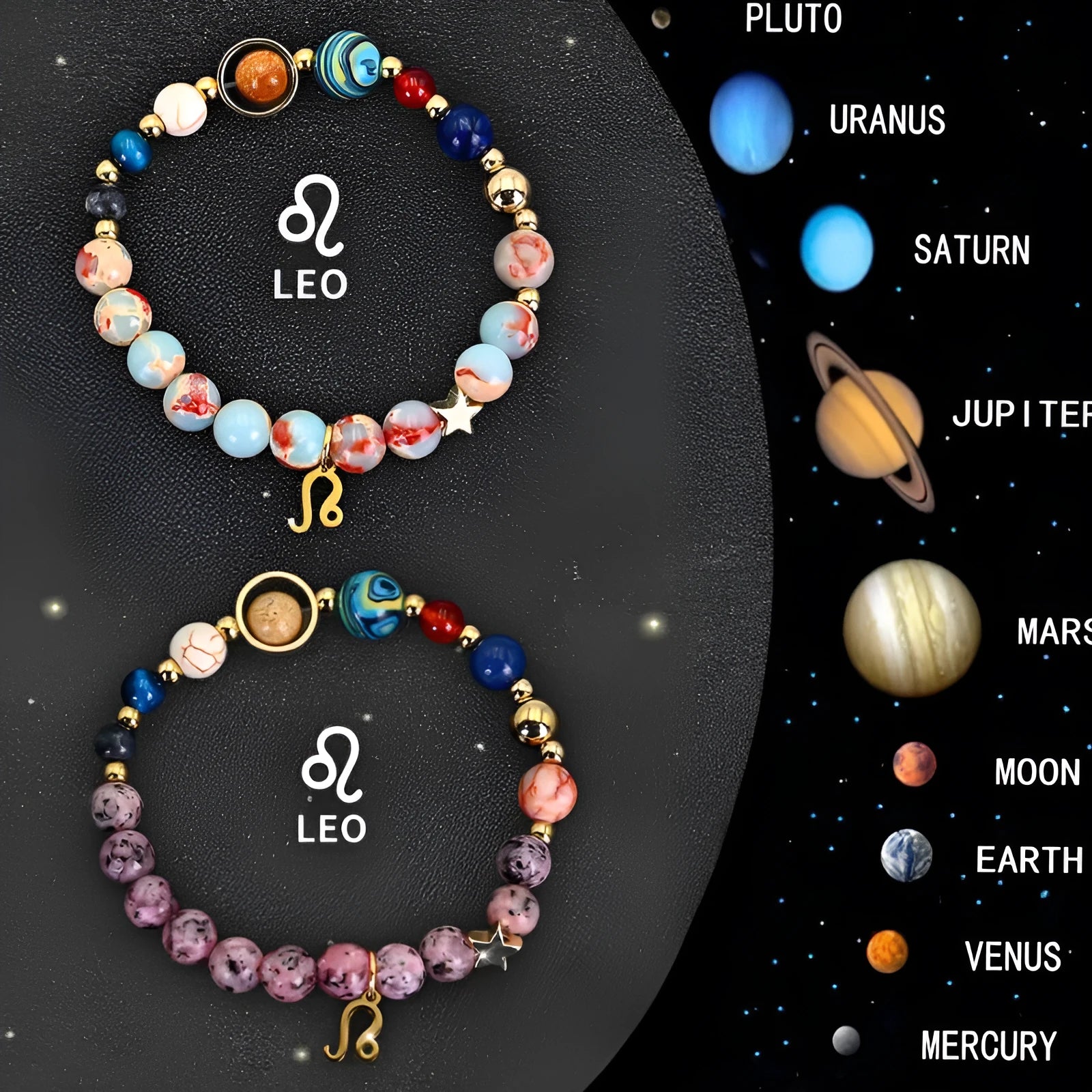 Two natural stone beaded bracelets showing zodiac symbols on an adjustable knotted string.