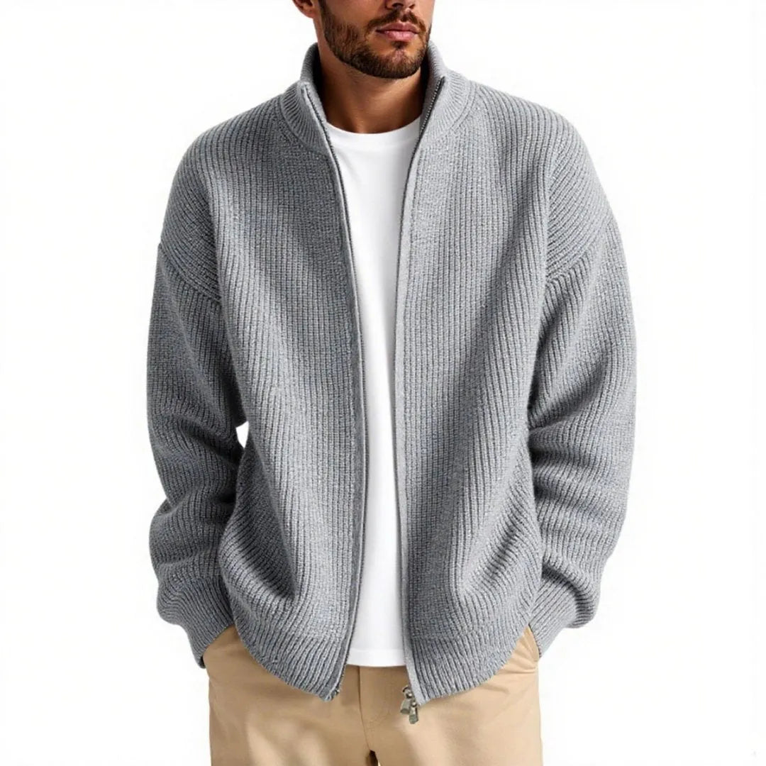 Loose-fitting men's cardigan sweater in a chemical fibre blend, shown in a neutral colour.