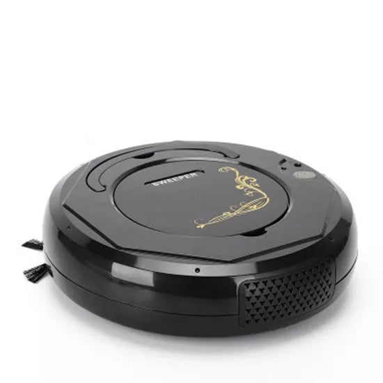 Blue smart vacuum cleaner robot on a tiled floor with charging cable and brush accessories.