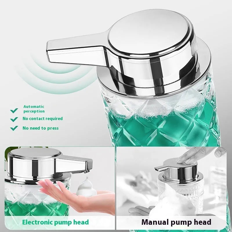 PET automatic soap dispenser with USB Type-C charging port and silver-plated finish
