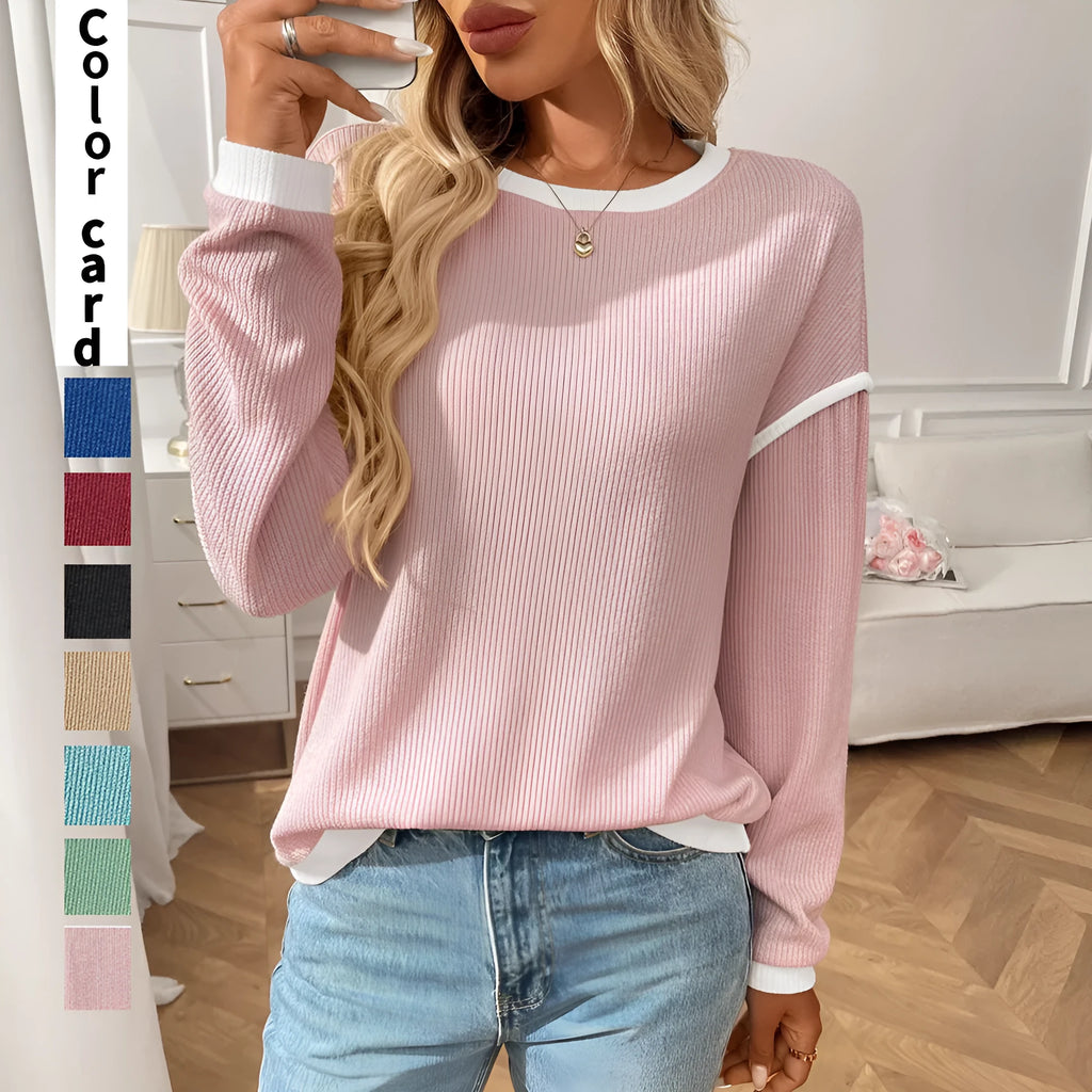 Women's loose round neck long sleeve pullover top in polyester, shown in multiple colour options.
