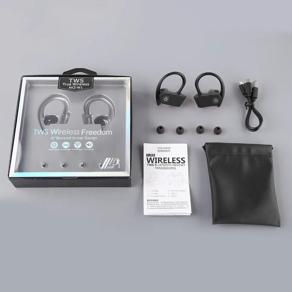 Black, grey, and red Bluetooth earphones with V5.0, showing ergonomic design and control buttons.