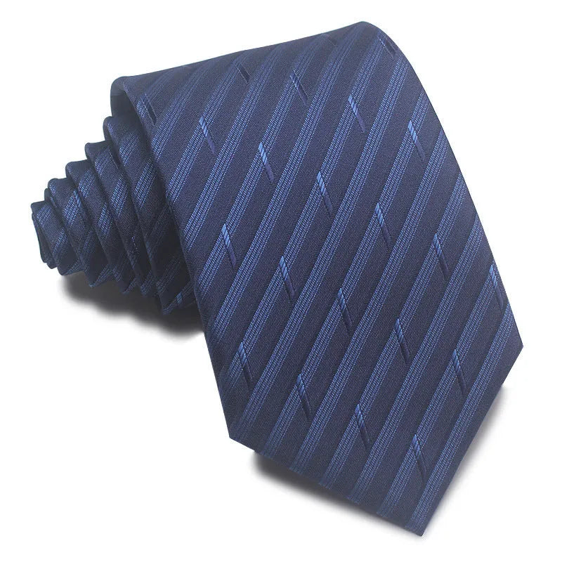 Men's red, black, and blue striped jacquard tie with an arrow shape and 8cm width.