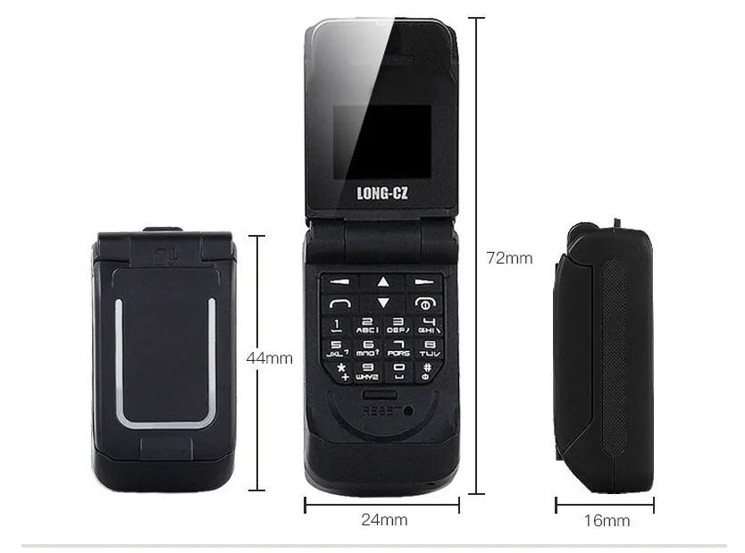 Mini flip phone in six colours with flip cover open showing small screen