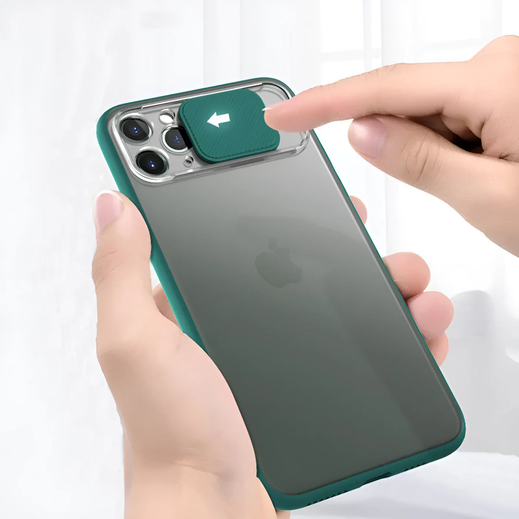 A lens sliding phone case for iPhone, shown in a choice of colours including black, green, pink, purple, and red.