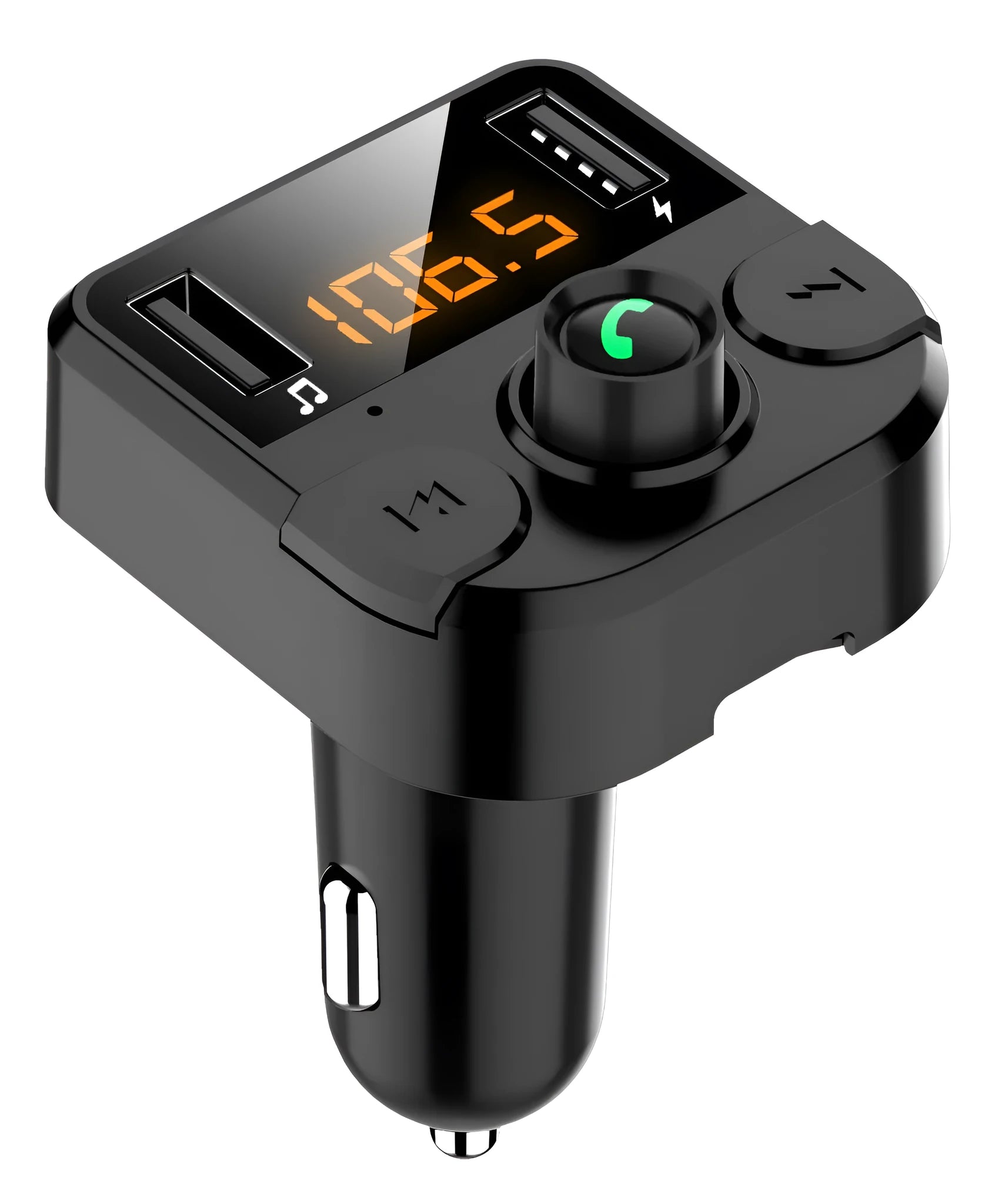 Black BT36B car Bluetooth MP3 player with 1.1-inch screen for cigarette lighter power.