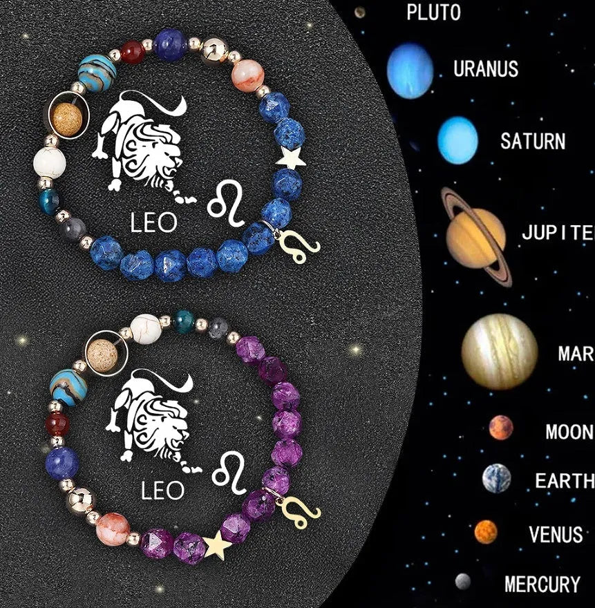 Set of two natural stone beaded bracelets with silver zodiac charms on an adjustable cord.