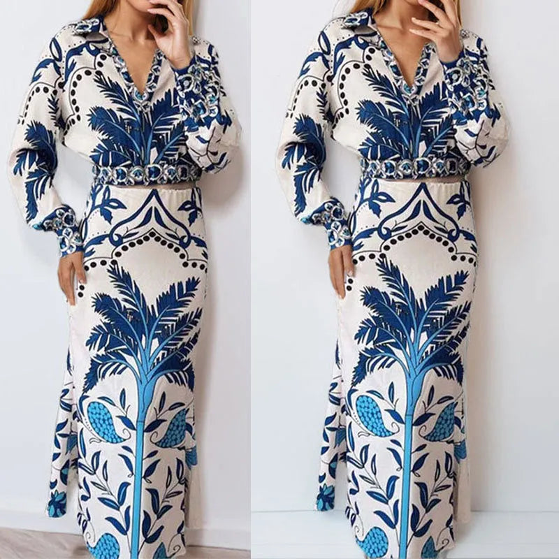 Women's polyester casual fashion set with long sleeves and long skirt in picture colour