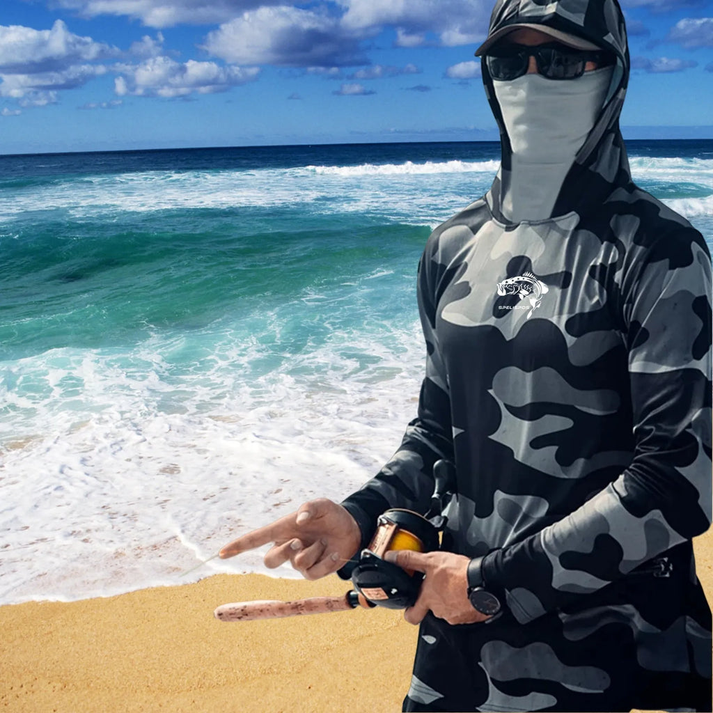 Men's long sleeve fishing hoodie with mesh side panels and crew neck