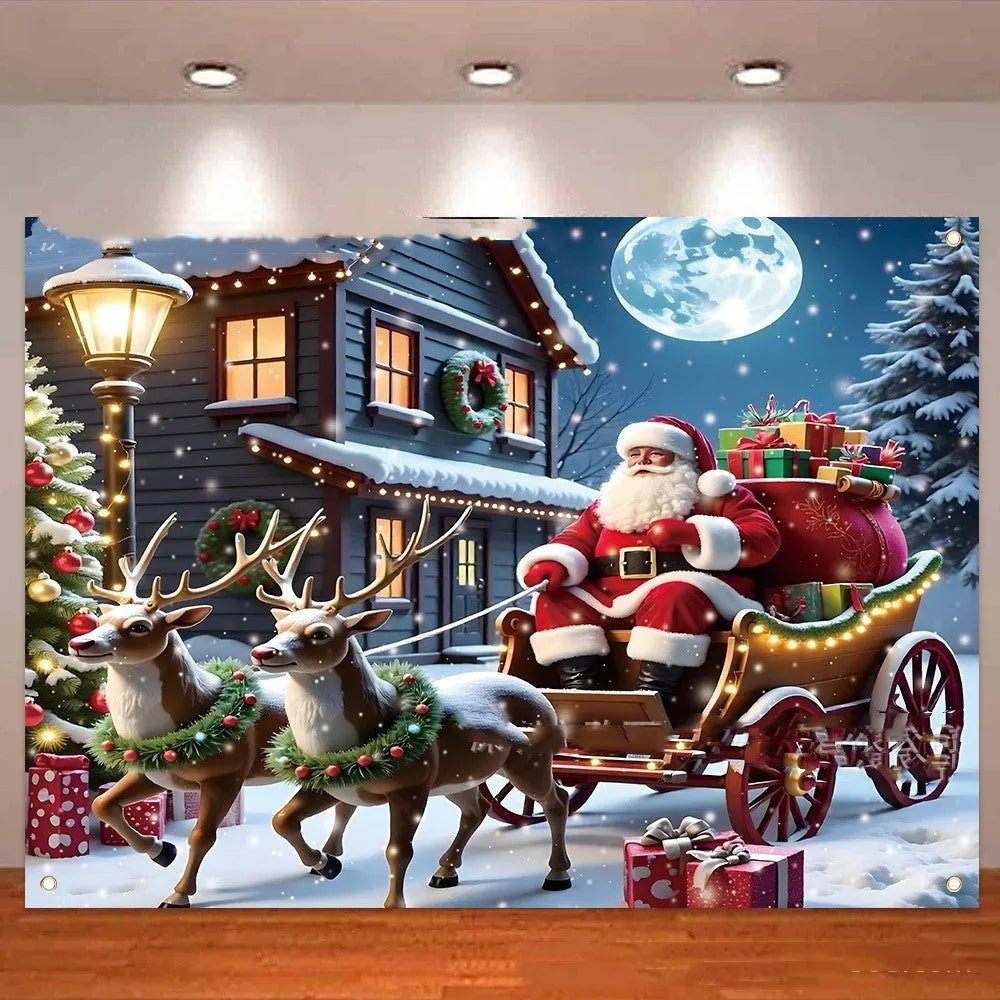 Christmas banner showing Santa Claus with gifts at night on 210x150 cm polyester fabric