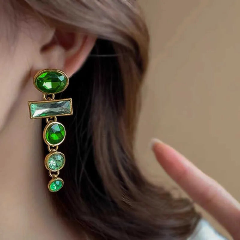 Green geometric tassel earrings with zircon inlaid design and Chinese-style aesthetic