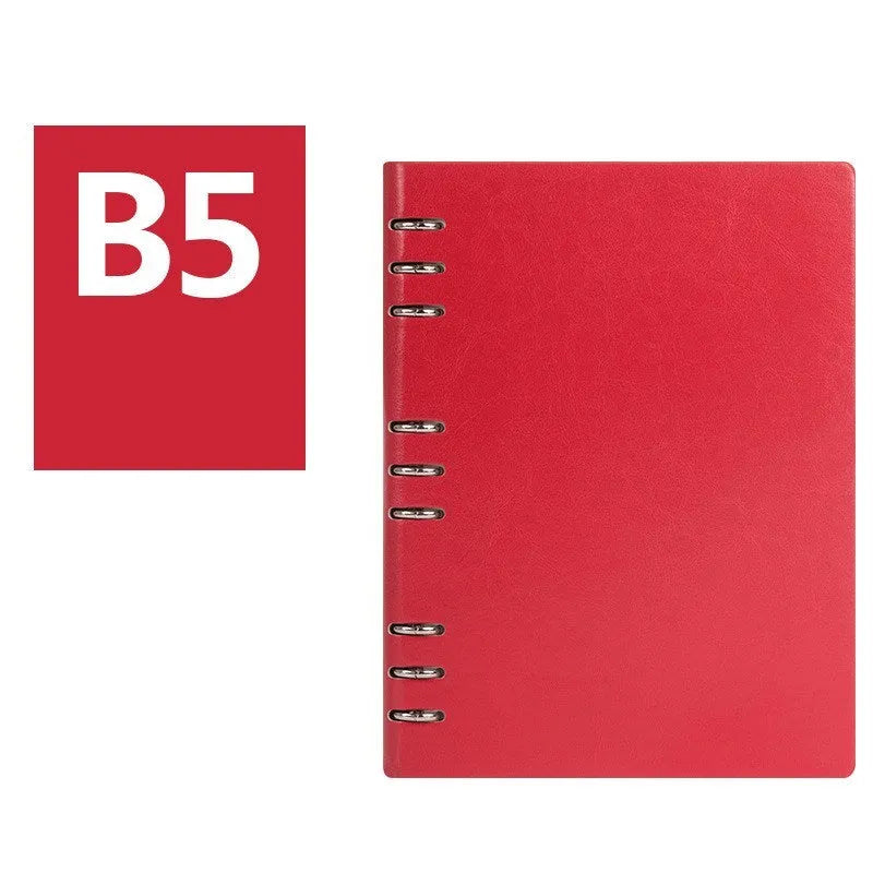 Loose-leaf business notebook with imitation leather cover in five colour options, shown in A5, A6, and B5 sizes.