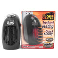 Black mini ceramic electric heater with digital display and rotating plug on white background