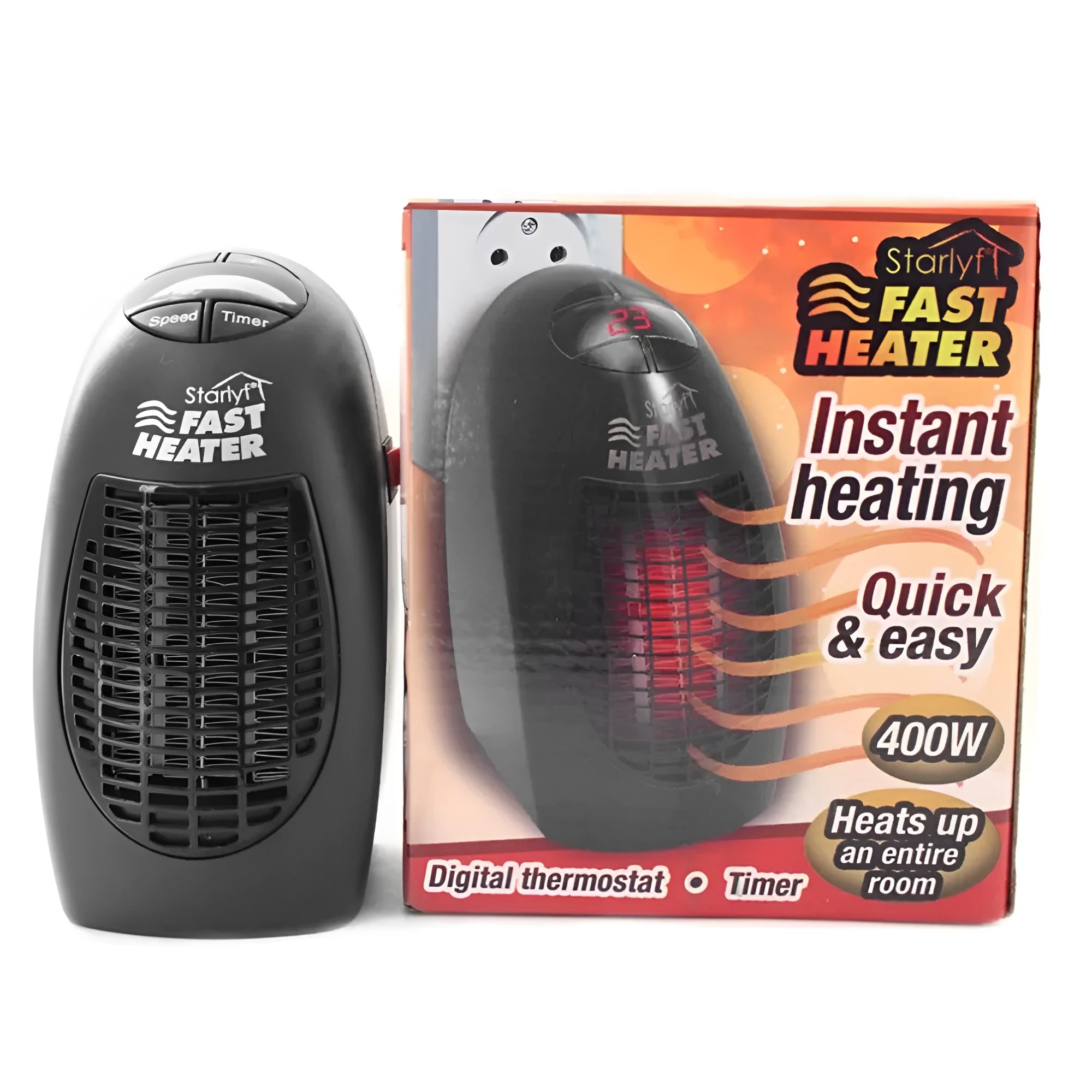 Black mini ceramic electric heater with digital display and rotating plug on white background
