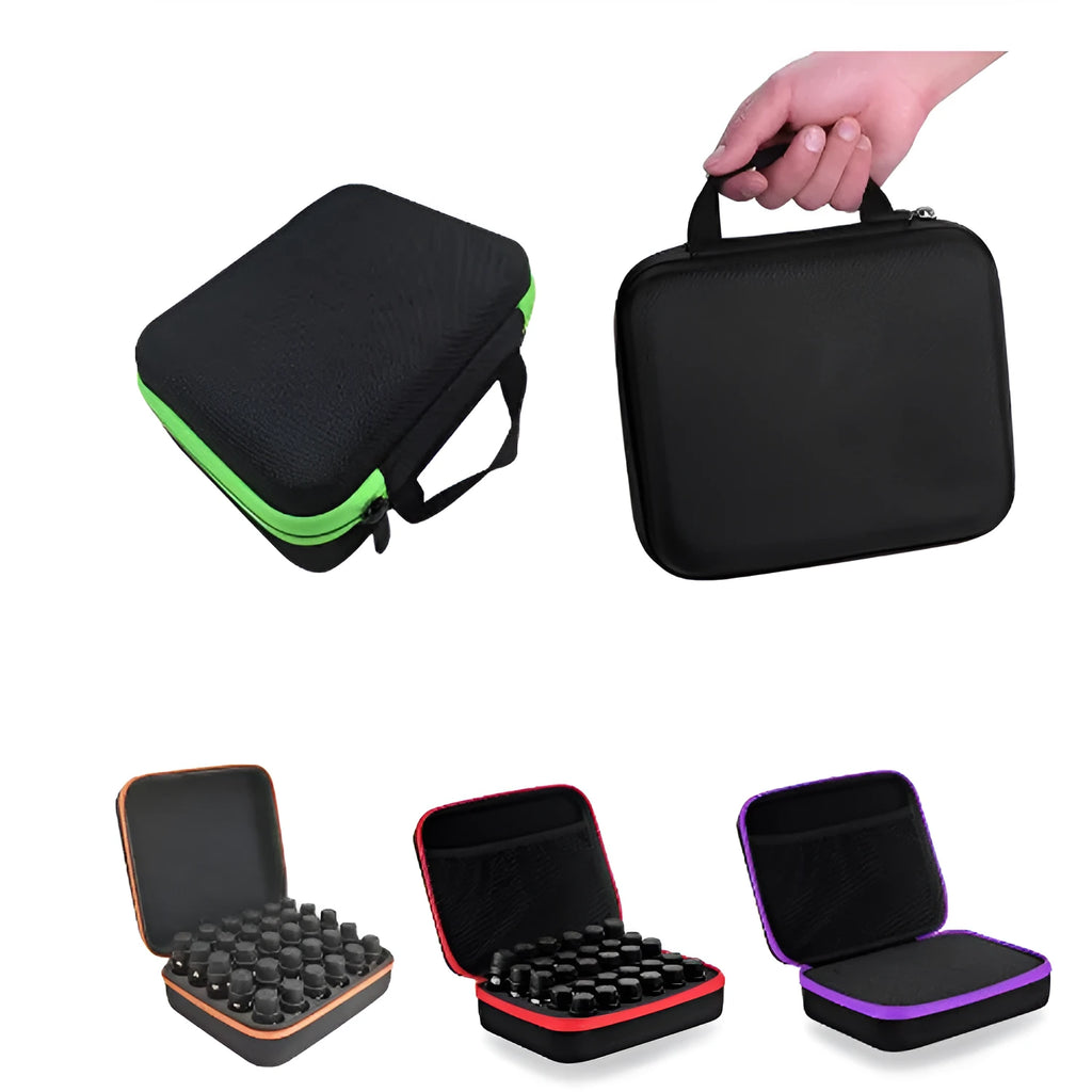 Red EVA cube essential oil storage bag with 30 compartments for 15ml bottles, shown wall-mounted.