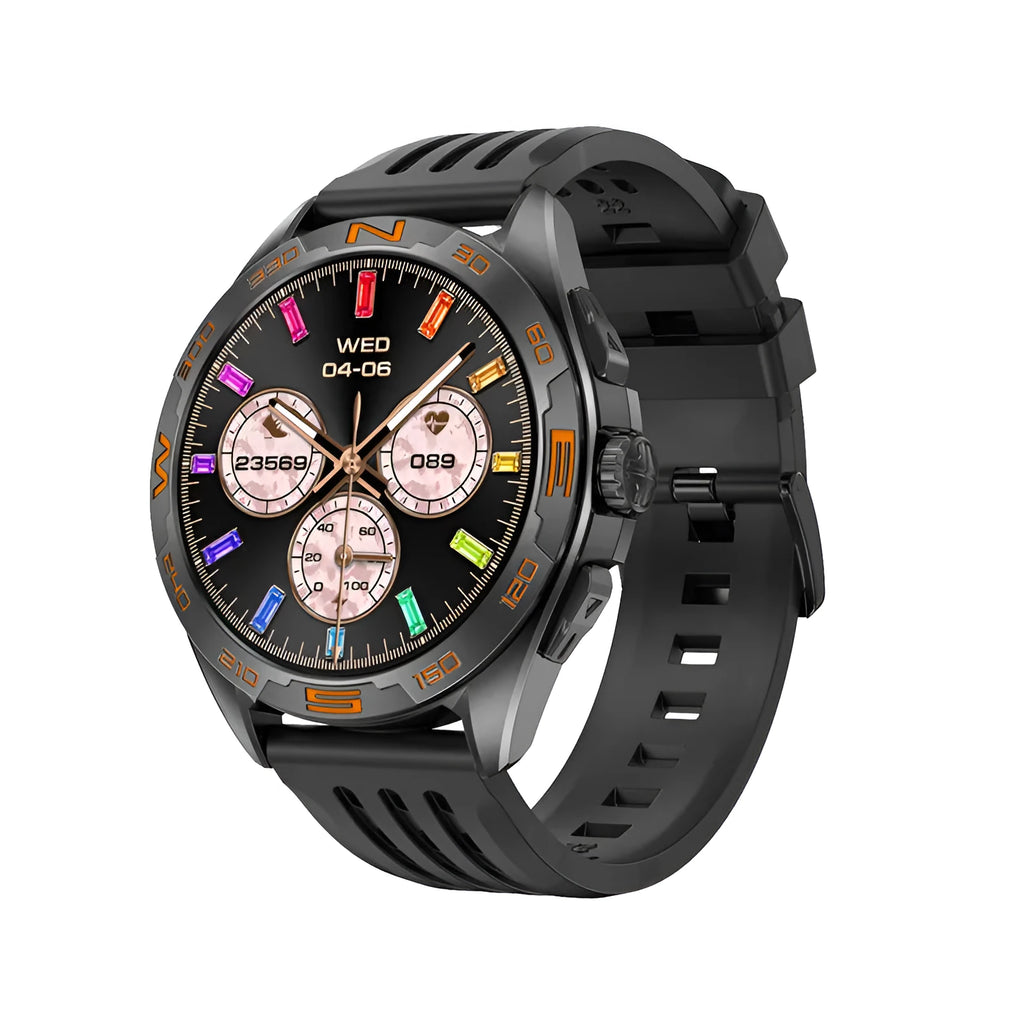 Men's smart watch with health monitoring display showing blood pressure and heart rate readings