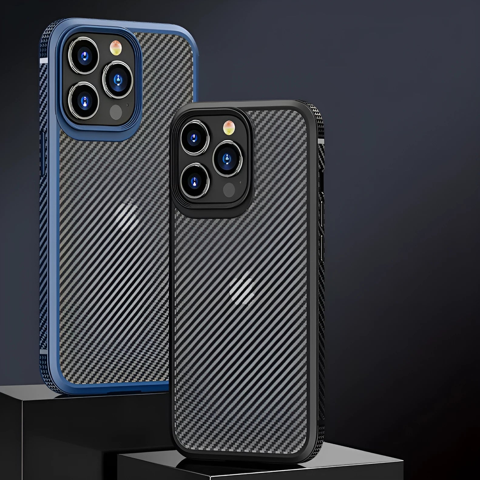 Anti-fall protective phone case for iPhone 13 in black with carbon fibre pattern detailing
