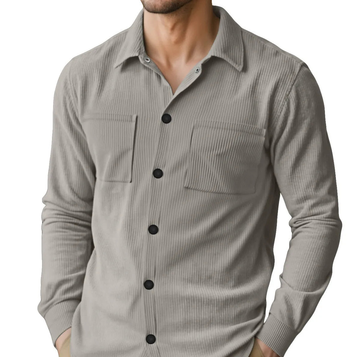 Men's slim-fit corduroy lapel jacket in dark gray, front view, long sleeves, polyester fabric