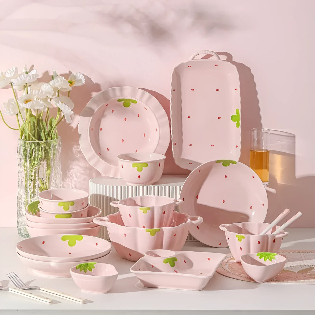 Cute strawberry design porcelain dinnerware set with bowl, plates, and twist spoon