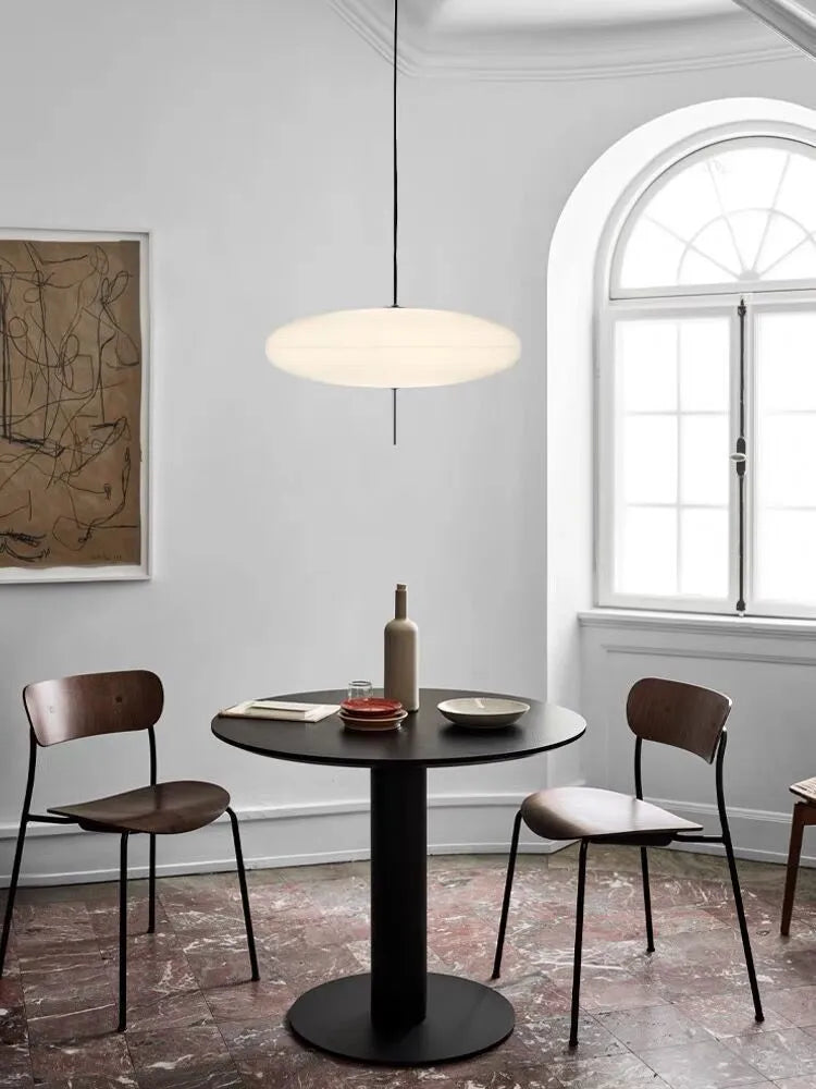 Nordic retro UFO-shaped designer chandelier ceiling light in all white or black and white finish.
