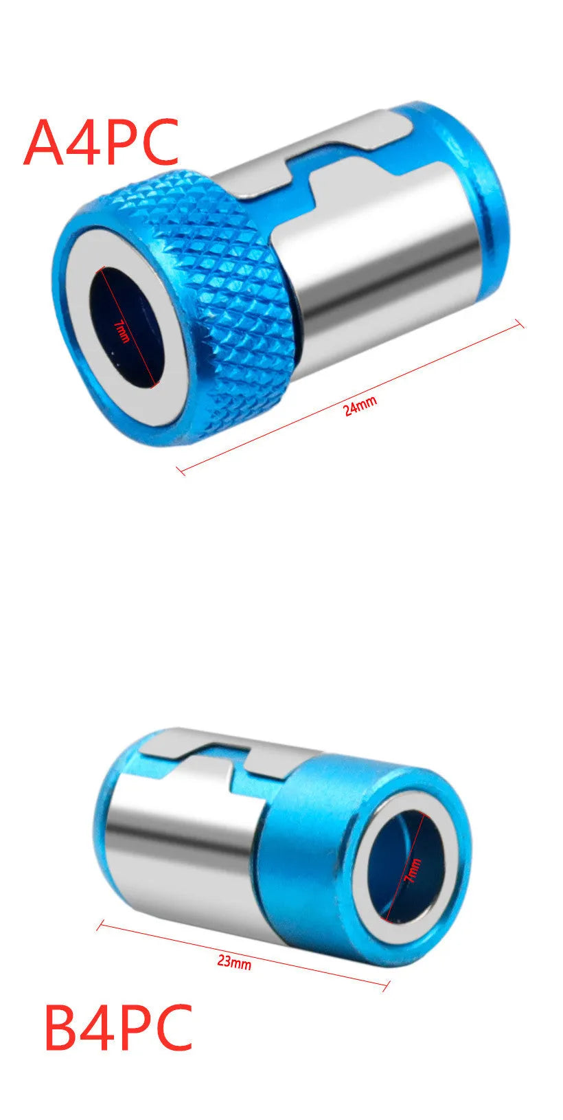 Light blue screwdriver bit with magnetic ring in high carbon steel, showing patterned and smooth ring designs