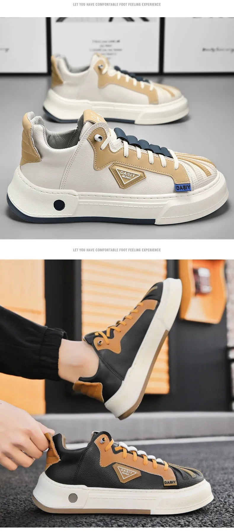 Men's beige low-top casual sneakers with elastic band fastening and leather stitching detail on microfiber upper.