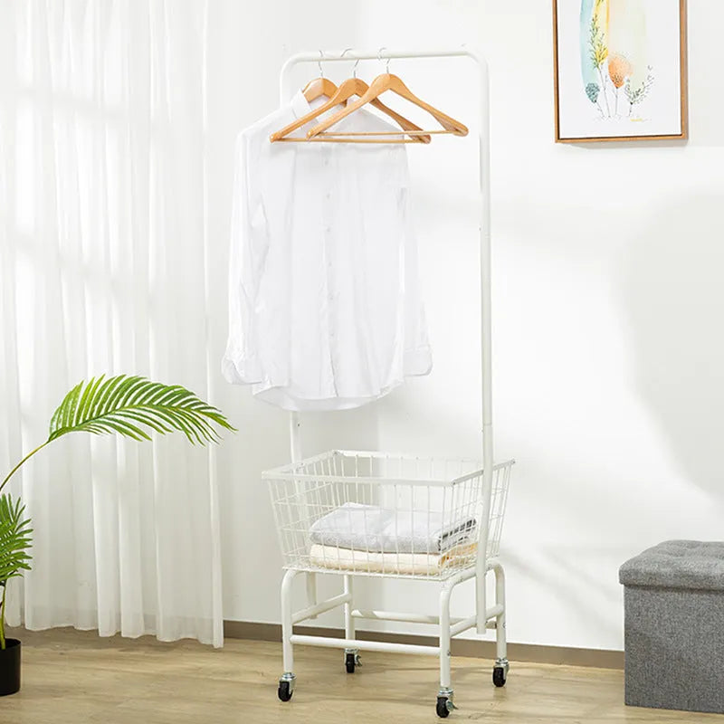 White iron pulley storage car with a single rod for hanging clothes hangers on a track.