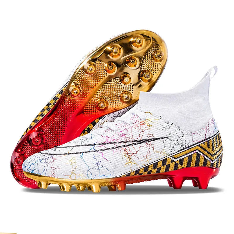 High-top male football training shoes with gold plated sole in black, white and mandarin duck colours