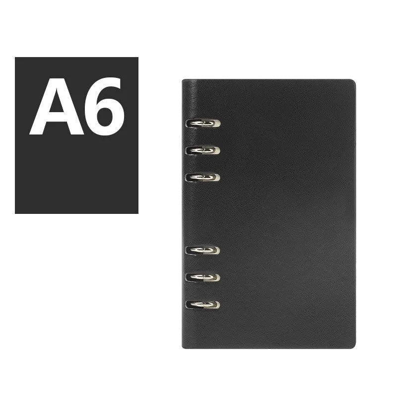 Loose-leaf business notebook with imitation leather cover in five colour options, shown in A5, A6, and B5 sizes.
