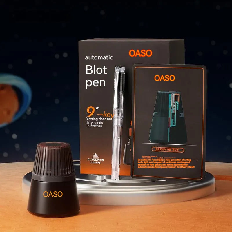 Automatic suction pen set with plastic body, two metal tip options, and a separate 40ml ink feeder tank.
