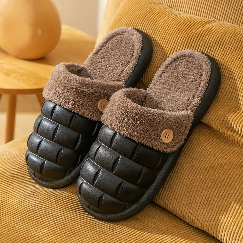 Plaid patterned detachable slippers for women with plush lining and a textured EVA anti-skid sole.