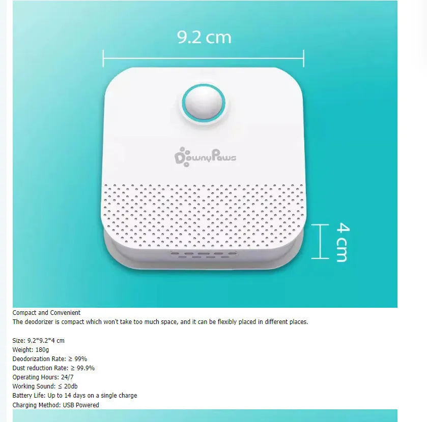 White DownyPaws smart cat litter deodoriser unit with compact rectangular design.