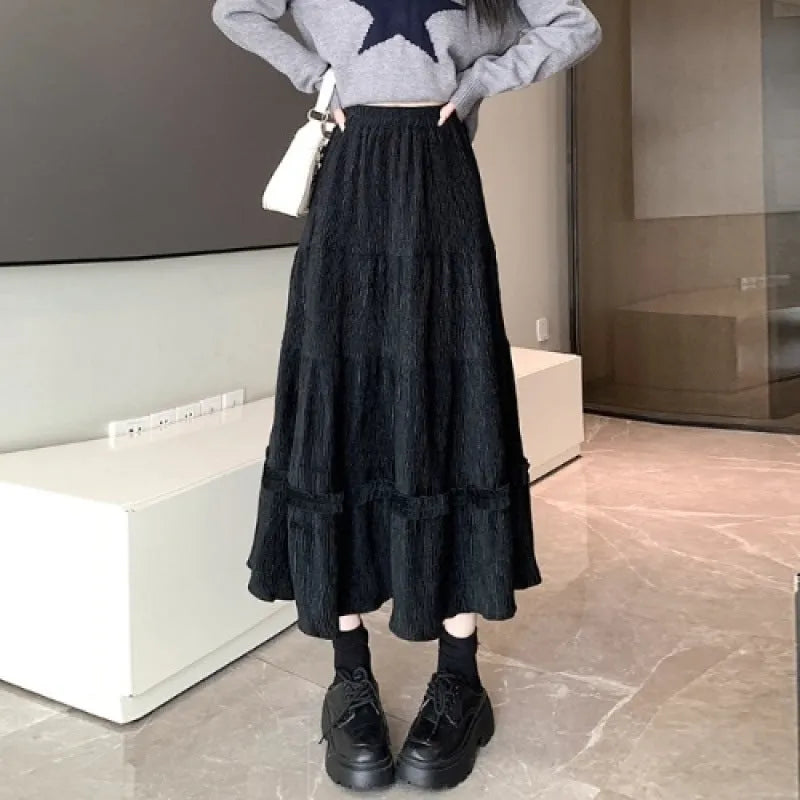 Corduroy A-line midi skirt with elastic waistband in milky white, black or brown colours