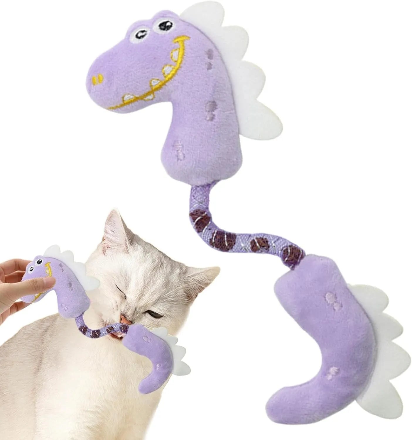 Set of four colourful plush cat toys including a mouse, fish, bunny, and chew toy on a white background.