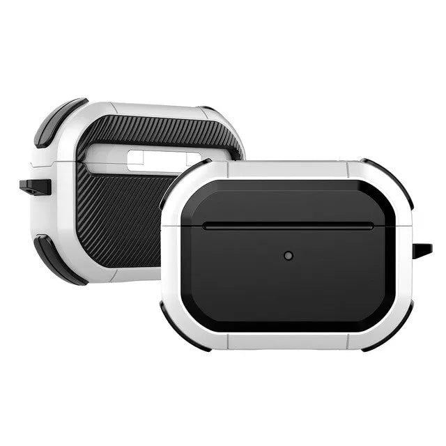 Black TPU and PC protective shell case for Apple AirPods 1, 2, and Pro charging case.