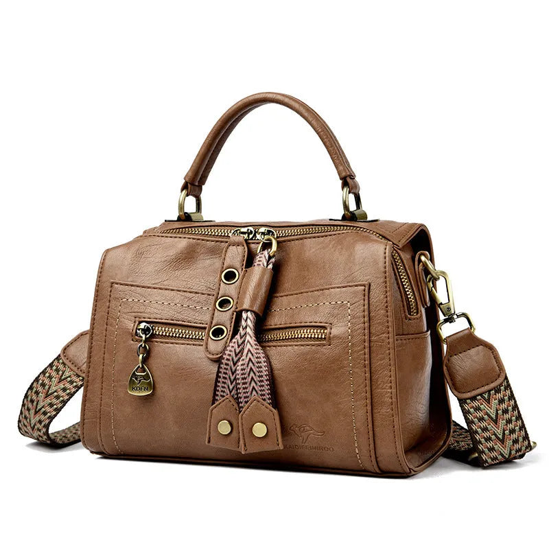 Retro style soft PU women's crossbody bag in a horizontal square shape with a sandwich pocket.
