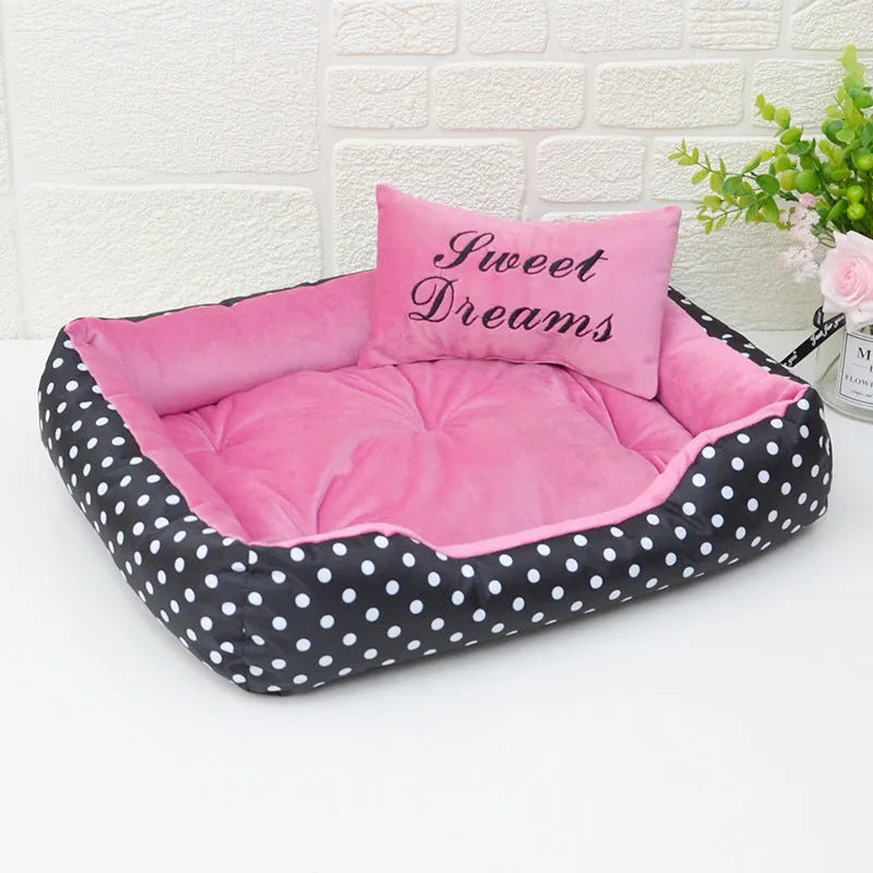 Polka dot print small dog bed with matching square embroidery pillow in grey, blue, pink, or red.