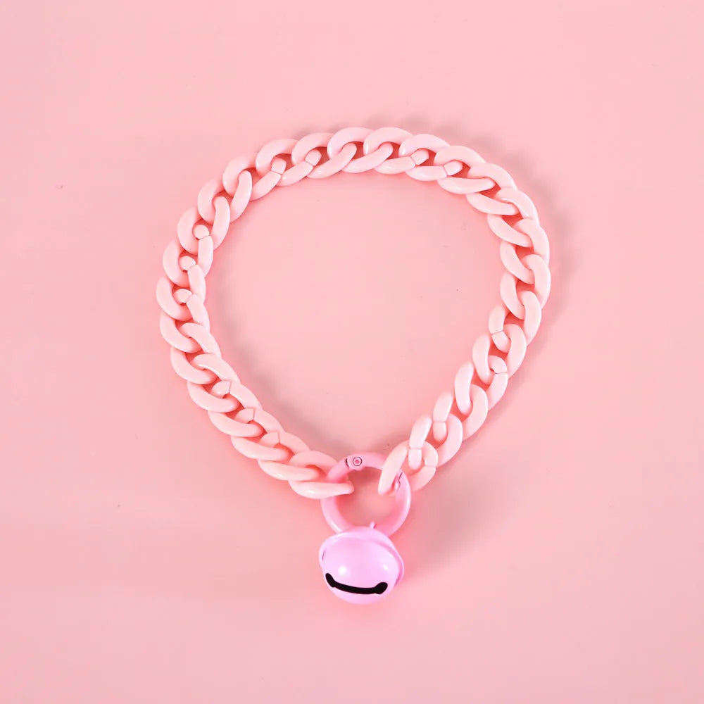 Macaron candy colour plastic chain collar for pets in blue, pink, and mixed colours with S and M size tags.